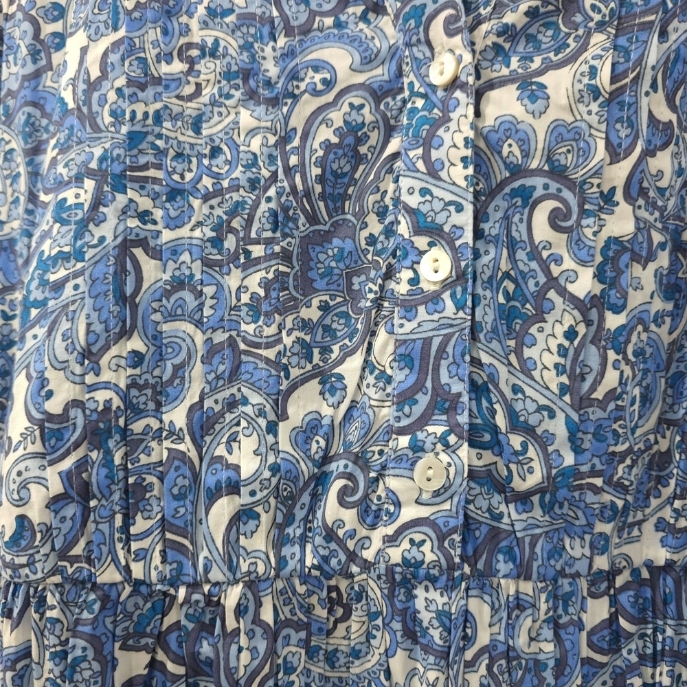 Cottage Core Blue White Paisley Dress Lace Trim, Bell Sleeves, Tiered Hem - Picture 4 of 16